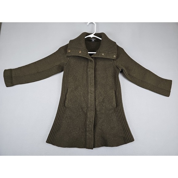 Eileen Fisher Coat Small Petite Olive Green Boiled Wool Ribbed Long Knit Jacket - Picture 1 of 10